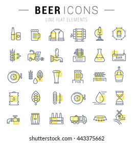 Flat line illustration of beer making, wheat cultivation and sale of alcoholic beverages. Concept for web banners and printed materials. Template with buttons for website banner and landing page.