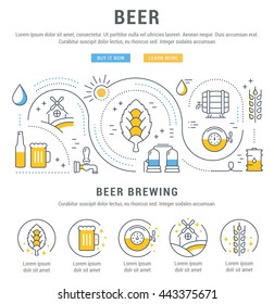 Flat line illustration of beer making, wheat cultivation and sale of alcoholic beverages. Concept for web banners and printed materials. Template with buttons for website banner and landing page.