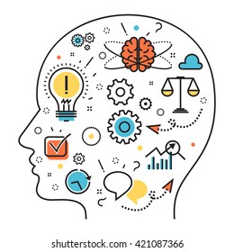 Flat line illustration of born business project startup thought process mechanism  into man brain and head from idea to success for website banner and landing page, infographics, logo and icon