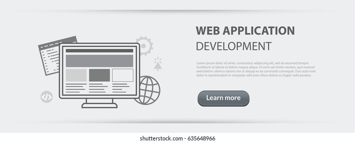 Flat line illustration business concept banner of web application development company site services,  programming, coding, building for websites and marketing materials on gray paper background