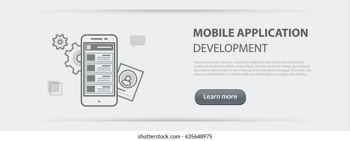 Flat Line Illustration Business Concept Web Banner Of Mobile Application Development Company Site Services, App Design, Programming, Coding, Building And Debugging For Websites And Marketing Materials