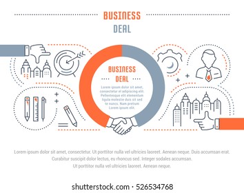 Flat line illustration of business deal. Concept for web banners and printed materials. Template with buttons for website banner and landing page. 
