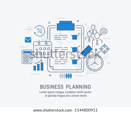 Flat line illustration of business planning, market research, analysis, business management, strategy, finance and investment, business success. For web banners and printed materials.
