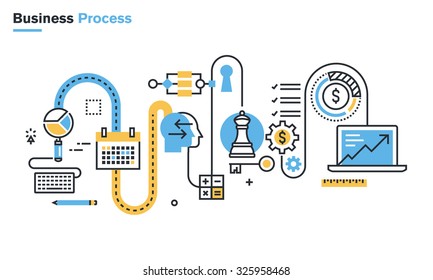 Flat line illustration of business process, market research, analysis, planning, business management, strategy, finance and investment, business success. Concept for web banners and printed materials.