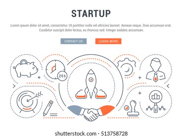 Flat line illustration of Business and Startup. Concept for web banners and printed materials. Template with buttons for website banner and landing page. 