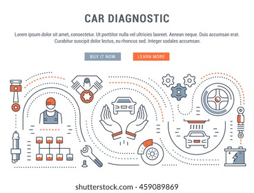 Ilustración de línea plana de diagnóstico de coche. Concepto de banners web y materiales impresos. Plantilla con botones para banner y página de inicio del sitio web.