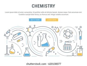 Flat line illustration of chemistry. Concept for web banners and printed materials. Template with buttons for website banner and landing page