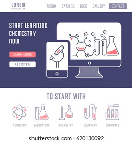 Flat line illustration of chemistry. Concept for web banners and printed materials. Template with buttons for website banner and landing page
