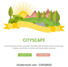 Flat line illustration of cityscape. Concept for web banners and printed materials. Template with buttons for website banner and landing page. 