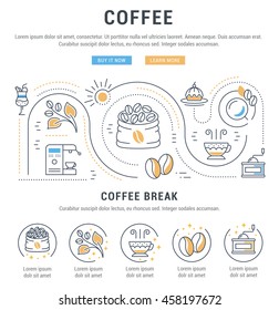 Flat line illustration of Coffee. Concept for web banners and printed materials. Template with buttons for website banner and landing page.