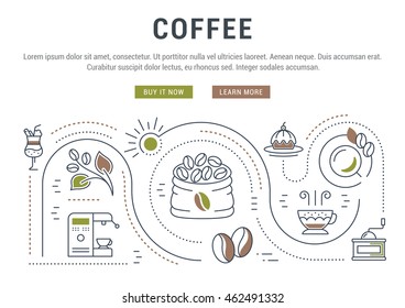 Flat line illustration of Coffee. Concept for web banners and printed materials. Template with buttons for website banner and landing page.