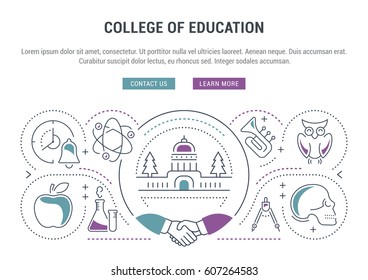 Flat line illustration of college of education. Concept for web banners and printed materials. Template with buttons for website banner and landing page