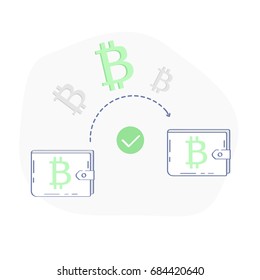 Flat line illustration concept of Bitcoin transfer. Bitcoins are transferred from one Bitcoin wallet to another. Isolated vector in modern trendy design.