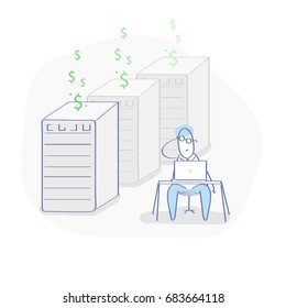 Flat line illustration concept of cryptocurrency, bitcoin mining, bitcoin farm. Miner sitting at a desk and mining bitcoin via computer and hardware equipment. Isolated vector in trendy design.