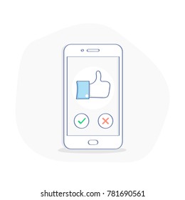 Flat line illustration concept of Customer Feedback, Like, Dislike, Rating review evaluation or Quality Rating. Hand clicking customer reviews on mobile phone screen, Hand with finger up or thumb up
