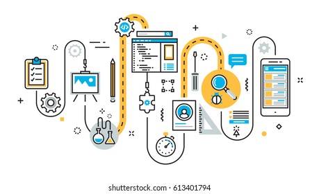 Flat line illustration concept of graph, plan, scheme, algorithm, step of mobile application development process, app design, programming, coding, building and debugging for website banner