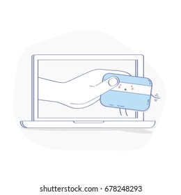 Flat line illustration concept of Hacker stealing credit card data, credit card fraud or hacking of bank account data in the process of payment from laptop. Isolated Vector in modern trendy design.