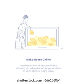 Flat line illustration concept of Making Money Online, Online Business, Earn Money on the Internet. Man take coin from the laptop. Isolated vector icon.