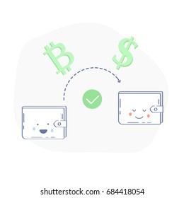 Flat line illustration concept of money transfer, currency exchange from bitcoins to dollars. Fun vector with smiley wallets. Isolated vector in modern trendy design.