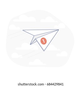 Flat line illustration concept of new message, sms or new letter inbox email. Flying in the sky paper plane with a new message notification about e-mail delivery. isolated vector symbol.