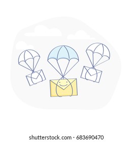 Flat line illustration concept of notifications, inbox messages or e-mail, delivery of letters and parcels, email marketing. Flying from the sky on a parachute envelopes. Isolated vector concept.