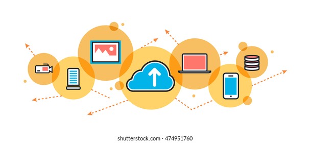 Flat line illustration concept of saving cloud service, backup, download, network, upload for website banner and landing page, header, blog, infographics, logo and icon in circle, printed materials