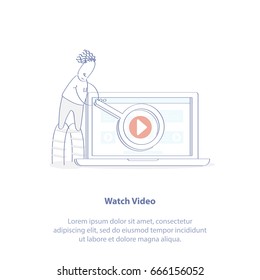 Flat line illustration concept of Video Marketing, CPM, Cost per View. Cute Man with magnifying glass and laptop. He watching video advertising. Isolated vector icon. 