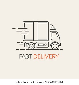 Flat line illustration with delivery truck for web design. Food delivery service. Vector illustration.