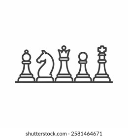 Flat line illustration depicting a series of chess pieces lined up, showcasing the strategic elegance of the classic game