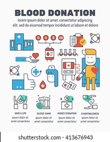 Flat line illustration design of BLOOD DONATION and elements icon concept for website banner, printing , book cover and corporate documents.
