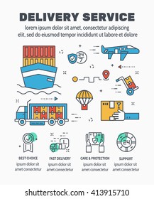 Flat line illustration design of DELIVERY SERVICE and elements icon concept for website banner, printing , book cover and corporate documents.
