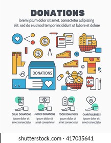 Flat line illustration design of DONATION and elements icon concept for website , banner, printing , book cover and corporate documents.