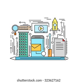 Flat line illustration with different business elements