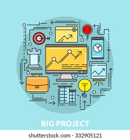 Flat line illustration with different business elements