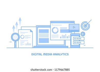 Flat line illustration for digital media analytics, page views, traffic data vector banner isolated on white background