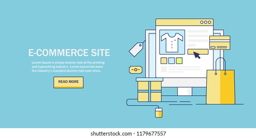 Flat line illustration of E-commerce website, Online shopping cart, digital business vector banner with icons and texts