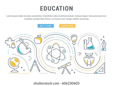 Flat line illustration of education. Concept for web banners and printed materials. Template with buttons for website banner and landing page