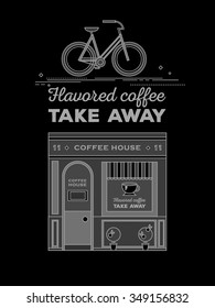 Flat line illustration of facade of a coffee shop store or cafe. Flavored coffee take away by bicycle. Vector local cafe. Icon of hipster coffee house. Web banner. Typography