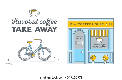 Flat line illustration of facade of a coffee shop store or cafe. Flavored coffee take away by bicycle. Vector local cafe. Icon of hipster coffee house. Web banner. Typography