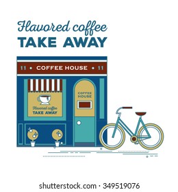 Flat line illustration of facade of a coffee shop store or cafe. Flavored coffee take away by bicycle. Vector local cafe. Icon of hipster coffee house. Web banner. Typography