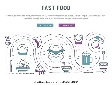 Flat line illustration of Fast food. Concept for web banners and printed materials. Template with buttons for website and landing page.