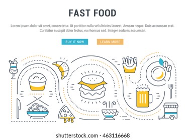 Flat line illustration of Fast food. Concept for web banners and printed materials. Template with buttons for website banner and landing page.