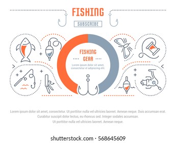 Flat line illustration of fishing. Concept for web banners and printed materials. Template with buttons for website banner and landing page