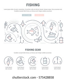 Flat line illustration of fishing. Concept for web banners and printed materials. Template with buttons for website banner and landing page