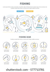 Flat line illustration of fishing. Concept for web banners and printed materials. Template with buttons for website banner and landing page