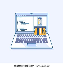 Flat line illustration of freelance mobile application income online work, laptop or notebook atm cash machine earnings in credit card, refill, check of balance. Digital eCommerce business concept