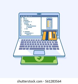 Flat line illustration of freelance mobile application income online work, laptop or notebook atm cash machine earnings in credit card, refill, check of balance. Digital eCommerce business concept