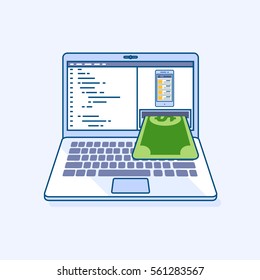 Flat line illustration of freelance mobile application income earnings online work, laptop or notebook atm cash machine gives money dollar cash banknote. Digital eCommerce business finance concept