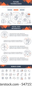 Flat line illustration of future technologies. Concept for web banners and printed materials. Template with buttons for website banner and landing page. 