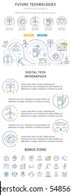 Flat line illustration of future technologies. Concept for web banners and printed materials. Template with buttons for website banner and landing page. 